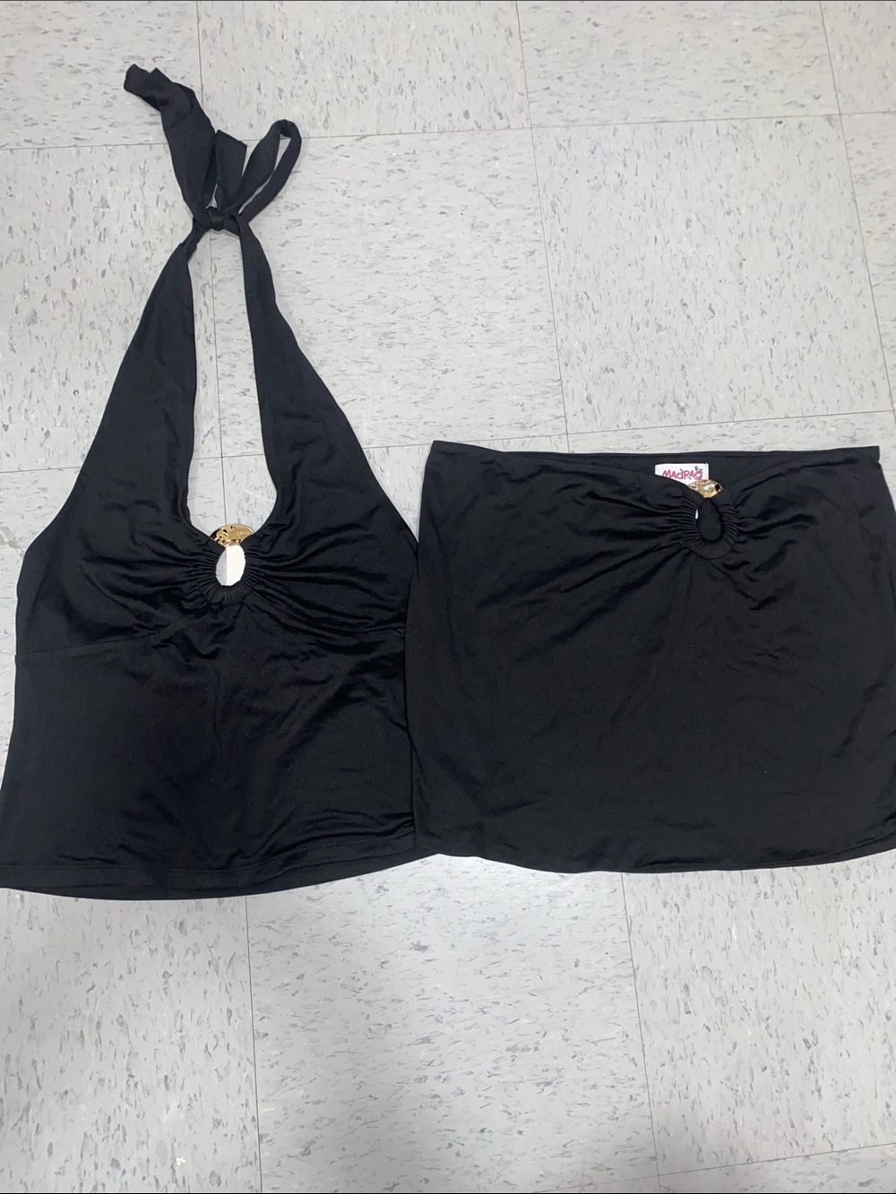 Black Halter Top and Skirt Set women L large two piece summer set gold madrag